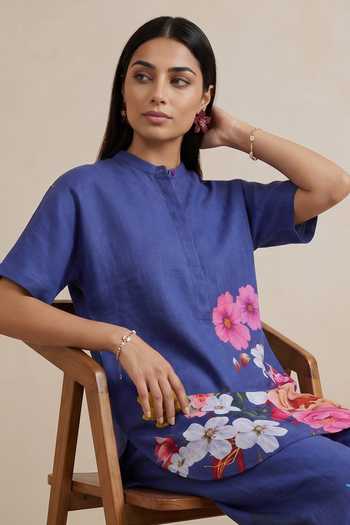 Buy Satya Paul Blue Linen Mandarin Collar Sundown Bloom Print Tunic Online at Aza Fashions Buy_Satya Paul_Blue Linen Mandarin Collar Sundown Bloom Print Tunic _Online_at_Aza_Fashions
