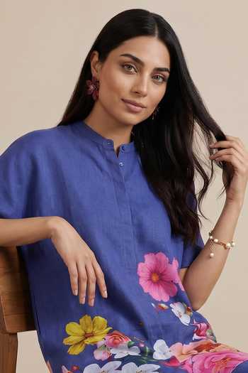 Shop Satya Paul Blue Linen Mandarin Collar Sundown Bloom Print Tunic Online at Aza Fashions Shop_Satya Paul_Blue Linen Mandarin Collar Sundown Bloom Print Tunic _Online_at_Aza_Fashions
