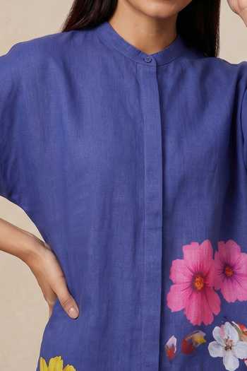 Satya Paul Blue Linen Mandarin Collar Sundown Bloom Print Tunic at Aza Fashions Satya Paul_Blue Linen Mandarin Collar Sundown Bloom Print Tunic _at_Aza_Fashions
