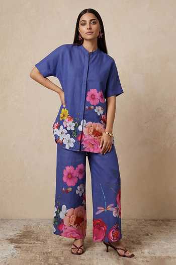 Buy Satya Paul Blue Linen Mandarin Collar Sundown Bloom Print Tunic Buy_Satya Paul_Blue Linen Mandarin Collar Sundown Bloom Print Tunic