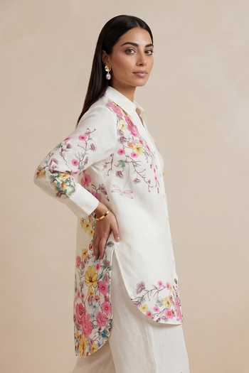 Satya Paul Off White Linen, Viscose Collared Neck Dear Reader Tunic Online at Aza Fashions Satya Paul_Off White Linen, Viscose Collared Neck Dear Reader Tunic _Online_at_Aza_Fashions