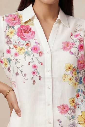 Shop Satya Paul Off White Linen, Viscose Collared Neck Dear Reader Tunic Online at Aza Fashions Shop_Satya Paul_Off White Linen, Viscose Collared Neck Dear Reader Tunic _Online_at_Aza_Fashions