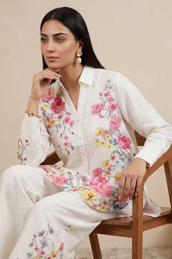 Buy Satya Paul Off White Linen, Viscose Collared Neck Dear Reader Tunic Buy_Satya Paul_Off White Linen, Viscose Collared Neck Dear Reader Tunic