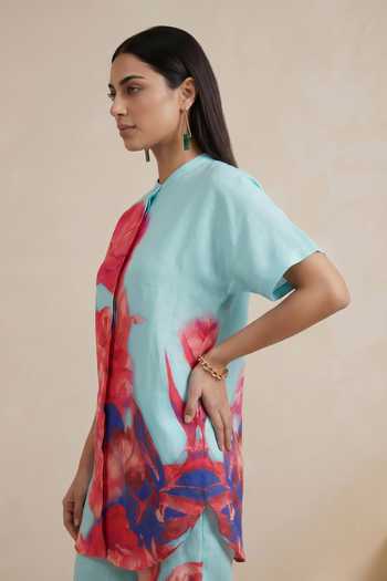 Satya Paul Blue Linen Mandarin Collar, Yes Spring Flush Tunic Online at Aza Fashions Satya Paul_Blue Linen Mandarin Collar, Yes Spring Flush Tunic _Online_at_Aza_Fashions