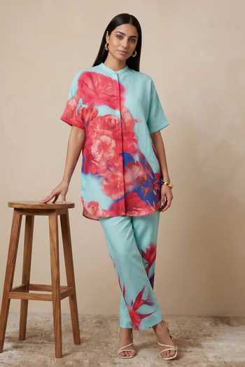 Buy Satya Paul Blue Linen Mandarin Collar, Yes Spring Flush Tunic Online at Aza Fashions Buy_Satya Paul_Blue Linen Mandarin Collar, Yes Spring Flush Tunic _Online_at_Aza_Fashions