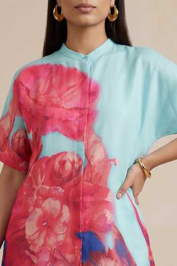 Shop Satya Paul Blue Linen Mandarin Collar, Yes Spring Flush Tunic Online at Aza Fashions Shop_Satya Paul_Blue Linen Mandarin Collar, Yes Spring Flush Tunic _Online_at_Aza_Fashions