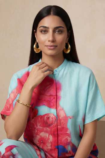 Satya Paul Blue Linen Mandarin Collar, Yes Spring Flush Tunic at Aza Fashions Satya Paul_Blue Linen Mandarin Collar, Yes Spring Flush Tunic _at_Aza_Fashions
