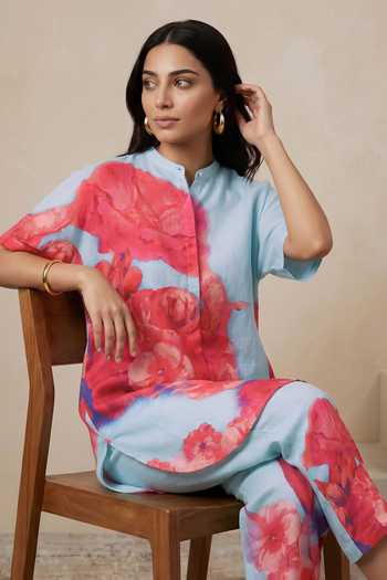 Buy Satya Paul Blue Linen Mandarin Collar, Yes Spring Flush Tunic Buy_Satya Paul_Blue Linen Mandarin Collar, Yes Spring Flush Tunic