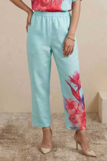 Satya Paul Blue Linen Spring Flush Printed Pant Online at Aza Fashions Satya Paul_Blue Linen Spring Flush Printed Pant _Online_at_Aza_Fashions