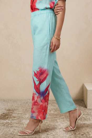 Buy Satya Paul Blue Linen Spring Flush Printed Pant Online at Aza Fashions Buy_Satya Paul_Blue Linen Spring Flush Printed Pant _Online_at_Aza_Fashions