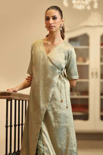 Weaver Story_Green Tissue V-neck Handloom Angarkha And Pant Set _Online_at_Aza_Fashions