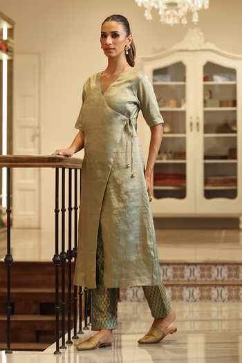 Shop_Weaver Story_Green Tissue V-neck Handloom Angarkha And Pant Set _Online_at_Aza_Fashions