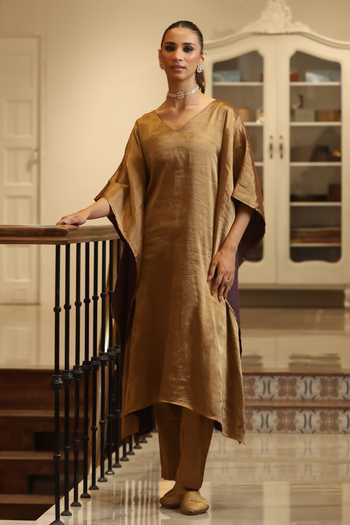 Buy_Weaver Story_Gold Tissue V-neck Handloom Kaftan With Pant _Online_at_Aza_Fashions