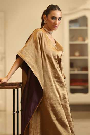 Shop_Weaver Story_Gold Tissue V-neck Handloom Kaftan With Pant _Online_at_Aza_Fashions