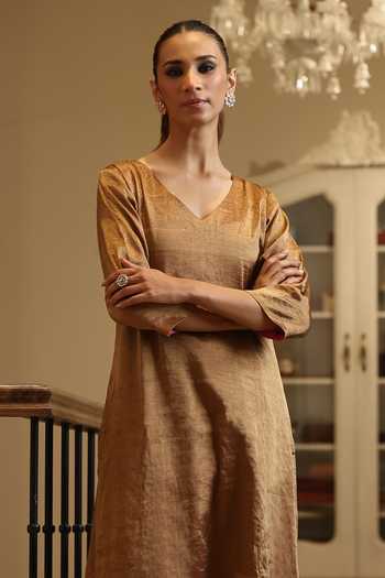 Shop_Weaver Story_Gold Tissue V-neck Handloom A-line Kurta And Pant Set _Online_at_Aza_Fashions