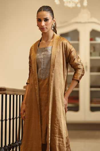 Weaver Story_Gold Tissue Notched Neck Handloom Jacket With Pant _Online_at_Aza_Fashions