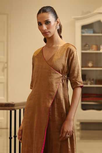Weaver Story_Gold Tissue V-neck, Yes Handloom Angarkha And Pant Set _Online_at_Aza_Fashions