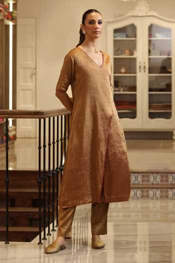 Shop_Weaver Story_Gold Tissue V-neck, Yes Handloom Angarkha And Pant Set _Online_at_Aza_Fashions
