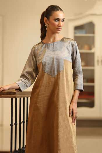 Shop_Weaver Story_Gold Tissue Round Neck Handloom Kurta And Pant Set _Online_at_Aza_Fashions