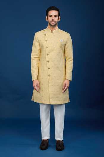 Arihant Rai Sinha Yellow Jacquard, Polyester, Viscose Embroidery, Sequins Sherwani Set Online at Aza Fashions Arihant Rai Sinha_Yellow Jacquard, Polyester, Viscose Embroidery, Sequins Sherwani Set _Online_at_Aza_Fashions