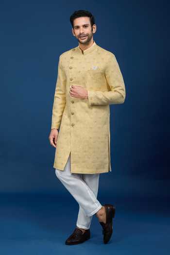 Buy Arihant Rai Sinha Yellow Jacquard, Polyester, Viscose Embroidery, Sequins Sherwani Set Online at Aza Fashions Buy_Arihant Rai Sinha_Yellow Jacquard, Polyester, Viscose Embroidery, Sequins Sherwani Set _Online_at_Aza_Fashions