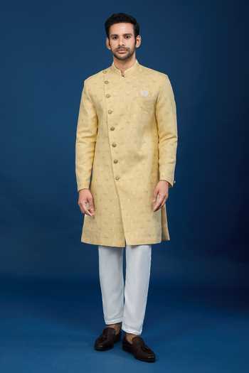 Shop Arihant Rai Sinha Yellow Jacquard, Polyester, Viscose Embroidery, Sequins Sherwani Set Online at Aza Fashions Shop_Arihant Rai Sinha_Yellow Jacquard, Polyester, Viscose Embroidery, Sequins Sherwani Set _Online_at_Aza_Fashions