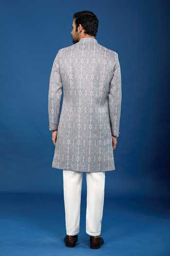 Shop Arihant Rai Sinha Green Jacquard, Polyester, Viscose Embroidery, Sequins Floral Woven Sherwani Set at Aza Fashions Shop_Arihant Rai Sinha_Green Jacquard, Polyester, Viscose Embroidery, Sequins Floral Woven Sherwani Set _at_Aza_Fashions