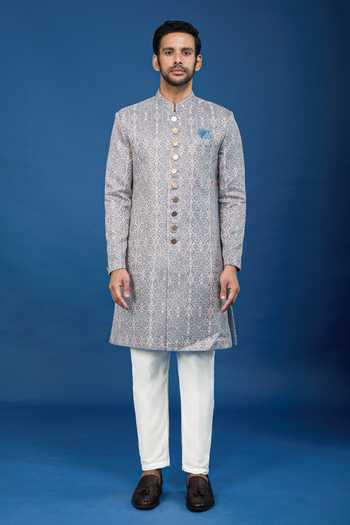 Arihant Rai Sinha Green Jacquard, Polyester, Viscose Embroidery, Sequins Floral Woven Sherwani Set Online at Aza Fashions Arihant Rai Sinha_Green Jacquard, Polyester, Viscose Embroidery, Sequins Floral Woven Sherwani Set _Online_at_Aza_Fashions