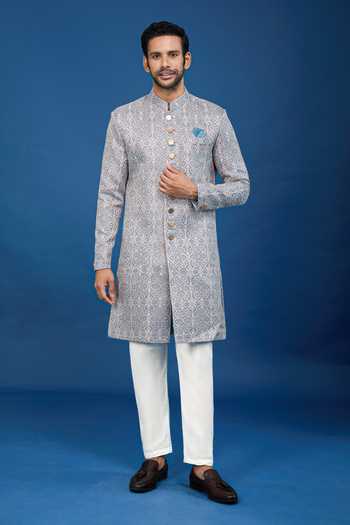 Shop Arihant Rai Sinha Green Jacquard, Polyester, Viscose Embroidery, Sequins Floral Woven Sherwani Set Online at Aza Fashions Shop_Arihant Rai Sinha_Green Jacquard, Polyester, Viscose Embroidery, Sequins Floral Woven Sherwani Set _Online_at_Aza_Fashions