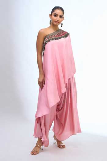 Buy Prisho Pink One Shoulder, Bandeau Neck Tunic And Draped Pant Set Online at Aza Fashions Buy_Prisho_Pink One Shoulder, Bandeau Neck Tunic And Draped Pant Set _Online_at_Aza_Fashions