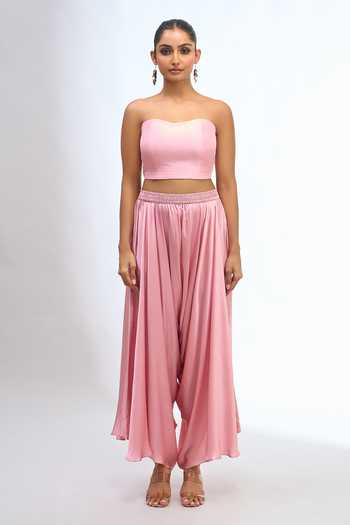 Shop Prisho Pink One Shoulder, Bandeau Neck Tunic And Draped Pant Set Online at Aza Fashions Shop_Prisho_Pink One Shoulder, Bandeau Neck Tunic And Draped Pant Set _Online_at_Aza_Fashions