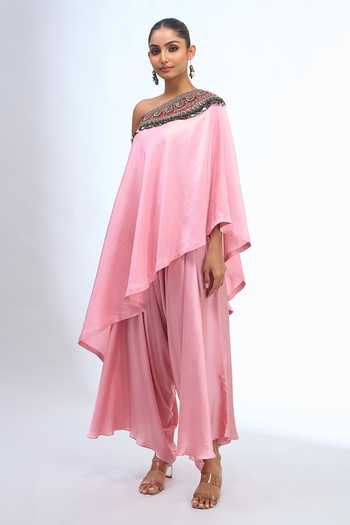 Prisho Pink One Shoulder, Bandeau Neck Tunic And Draped Pant Set at Aza Fashions Prisho_Pink One Shoulder, Bandeau Neck Tunic And Draped Pant Set _at_Aza_Fashions