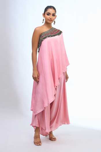 Shop Prisho Pink One Shoulder, Bandeau Neck Tunic And Draped Pant Set Shop_Prisho_Pink One Shoulder, Bandeau Neck Tunic And Draped Pant Set