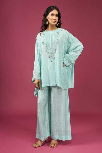 Buy_Anamika Khanna_Blue Round Neck Wash Boxy Top And Pant Set _Online_at_Aza_Fashions