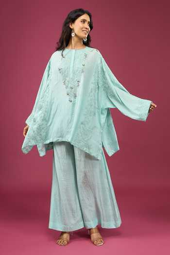 Shop_Anamika Khanna_Blue Round Neck Wash Boxy Top And Pant Set _Online_at_Aza_Fashions