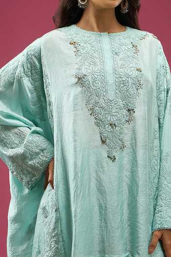 Buy_Anamika Khanna_Blue Round Neck Wash Boxy Top And Pant Set 