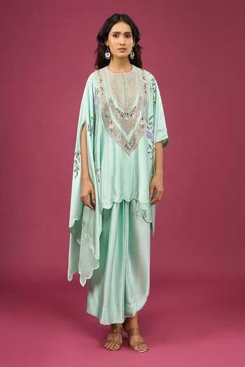 Shop Anamika Khanna Green Round Neck Wash Embroidered Cape And Skirt Set Online at Aza Fashions Shop_Anamika Khanna_Green Round Neck Wash Embroidered Cape And Skirt Set _Online_at_Aza_Fashions