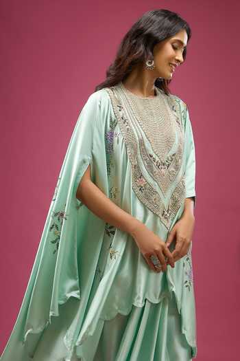 Anamika Khanna Green Round Neck Wash Embroidered Cape And Skirt Set at Aza Fashions Anamika Khanna_Green Round Neck Wash Embroidered Cape And Skirt Set _at_Aza_Fashions
