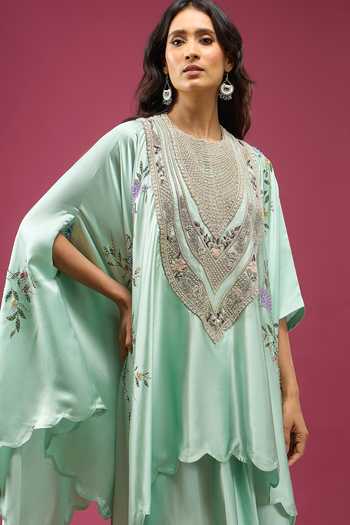 Shop Anamika Khanna Green Round Neck Wash Embroidered Cape And Skirt Set Shop_Anamika Khanna_Green Round Neck Wash Embroidered Cape And Skirt Set