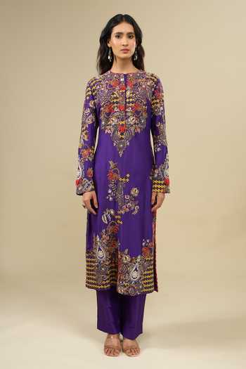 Buy_Anamika Khanna_Purple Round Neck Floral Embroidered Kurta Set _Online_at_Aza_Fashions