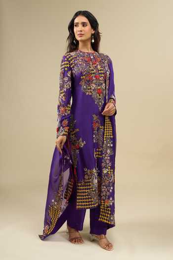 Shop_Anamika Khanna_Purple Round Neck Floral Embroidered Kurta Set 