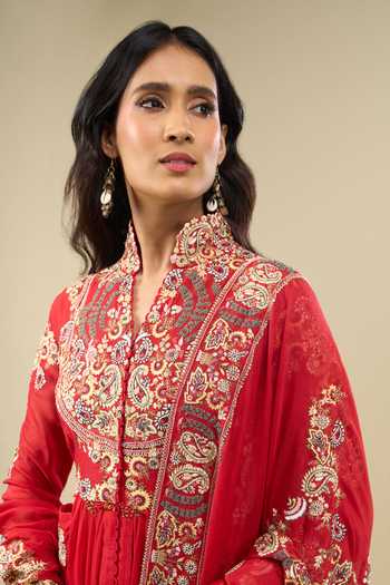 Buy_Anamika Khanna_Red Mandarin Collar Embroidered Anarkali Set _Online_at_Aza_Fashions