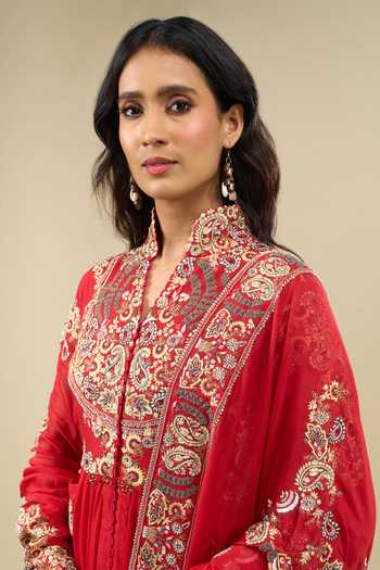 Shop_Anamika Khanna_Red Mandarin Collar Embroidered Anarkali Set _Online_at_Aza_Fashions