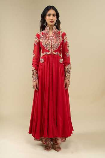 Anamika Khanna_Red Mandarin Collar Embroidered Anarkali Set _at_Aza_Fashions