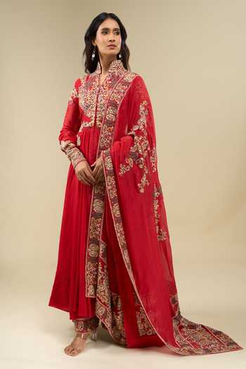 Shop_Anamika Khanna_Red Mandarin Collar Embroidered Anarkali Set 