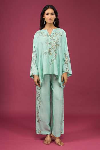 Shop Anamika Khanna Sky Blue Notched Neck Embroidered Boxy Top And Pant Set Online at Aza Fashions Shop_Anamika Khanna_Sky Blue Notched Neck Embroidered Boxy Top And Pant Set _Online_at_Aza_Fashions