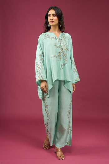 Buy Anamika Khanna Sky Blue Notched Neck Embroidered Boxy Top And Pant Set Buy_Anamika Khanna_Sky Blue Notched Neck Embroidered Boxy Top And Pant Set