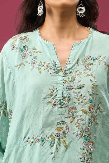 Shop Anamika Khanna Sky Blue Notched Neck Embroidered Boxy Top And Pant Set Shop_Anamika Khanna_Sky Blue Notched Neck Embroidered Boxy Top And Pant Set