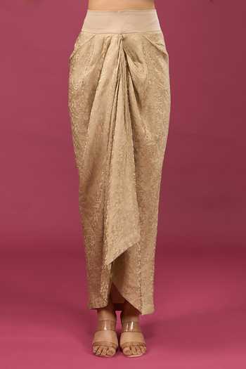 Buy_Anamika Khanna_Gold Sweetheart Neck Embroidered Cape Draped Skirt Set _Online_at_Aza_Fashions