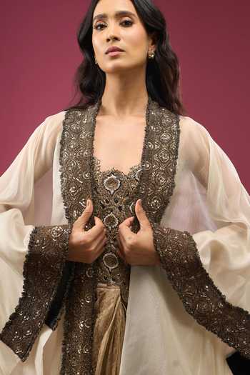 Shop_Anamika Khanna_Gold Sweetheart Neck Embroidered Cape Draped Skirt Set _Online_at_Aza_Fashions
